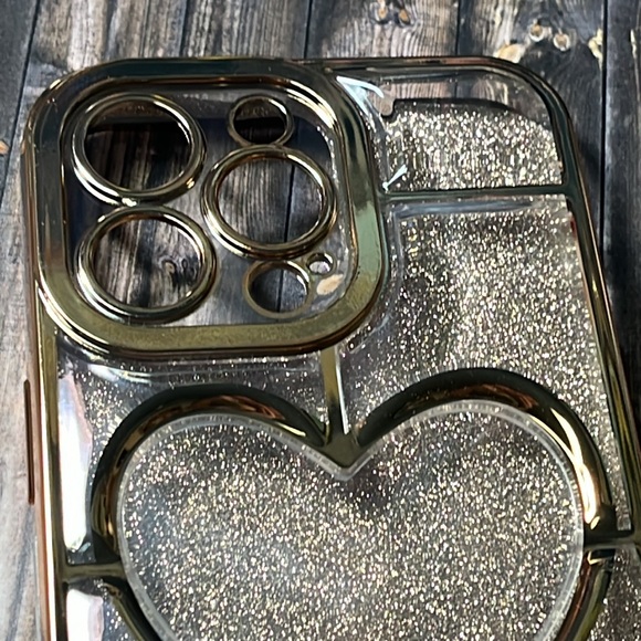5for$10 Gold Trim iPhone 13 Pro Gold Glitter Heart Protective Phone Case NWT - Picture 2 of 5
